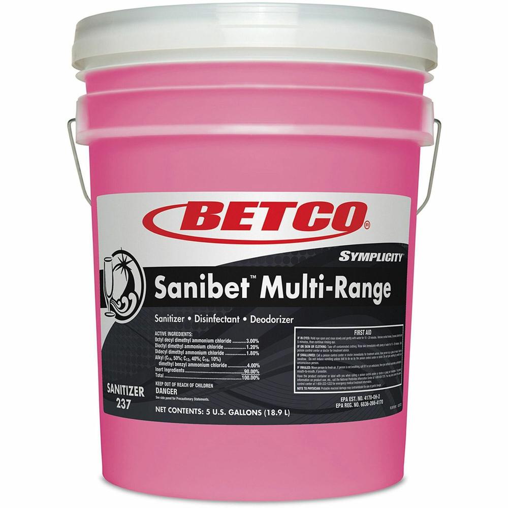 Betco&reg; Sanibet Multi-Range Sanitizer, 5g - Concentrate - 640 fl oz (20 quart) - 1 Each - Fragrance-free, Disinfectant, Deodorize, Rinse-free, Versatile - Pink. Picture 1