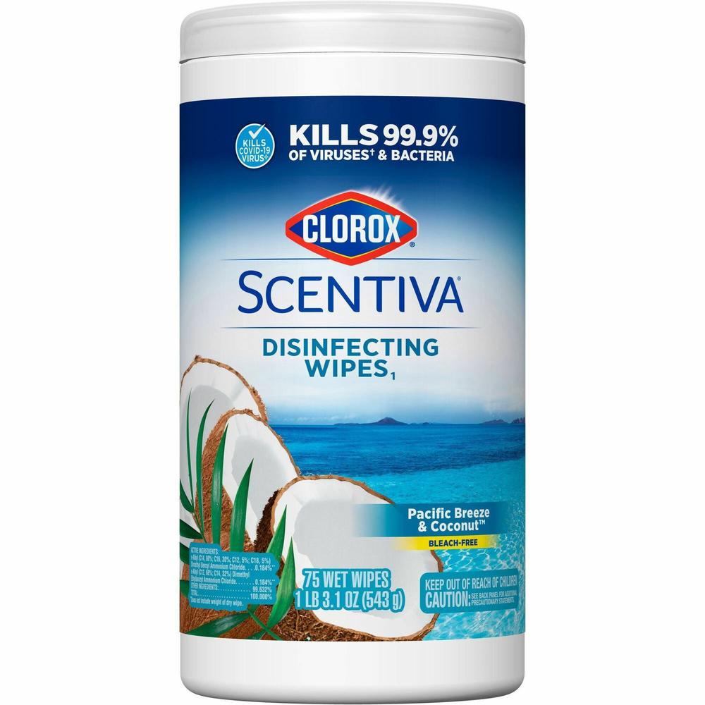 Clorox Scentiva Wipes, Bleach Free Cleaning Wipes - Ready-To-Use - Pacific Breeze & Coconut Scent - 75 / Canister - 1 Each - Bleach-free, Disinfectant, Deodorize - White. Picture 1