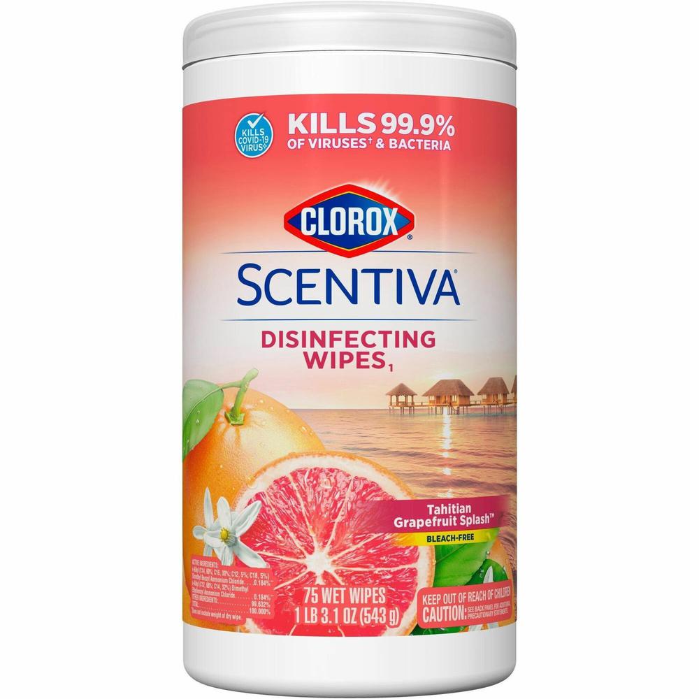Clorox Scentiva Wipes, Bleach Free Cleaning Wipes - Ready-To-Use - Tahitian Grapefruit Splash Scent - 75 / Tub - 1 Each - Bleach-free, Disinfectant, Deodorize - White. Picture 1