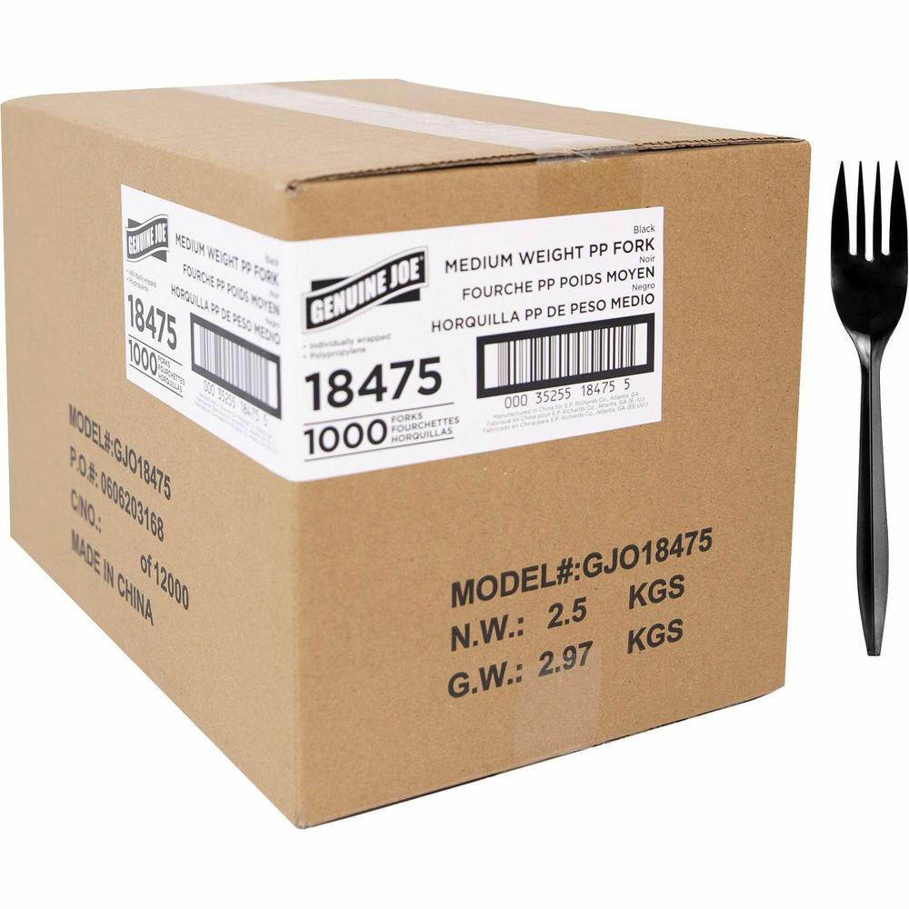 Genuine Joe Medium-weight Individually Wrapped Forks - 1000/Carton - Fork - Breakroom - Disposable - Black. Picture 1