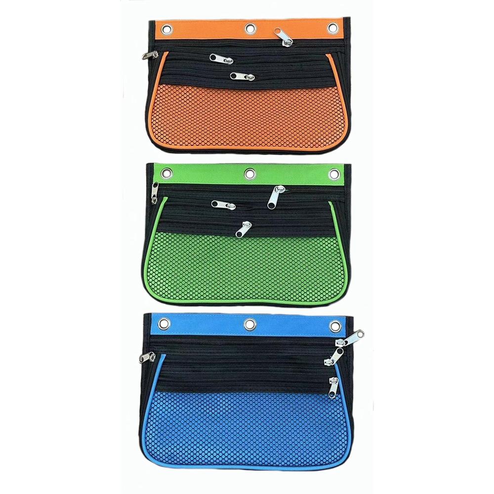 CLI Triple-pocket Pencil Pouches - 10.3" Height x 7.3" Width - Ring Binder - Green, Orange, Blue - Nylon - 24. Picture 1