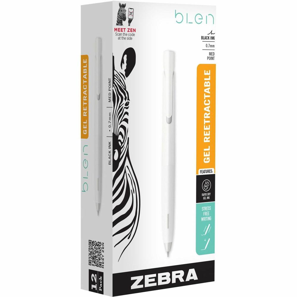 Zebra Pen bLen Retractable Gel White Barrel 0.7mm Dozen - Medium Pen Point - 0.7 mm Pen Point Size - Retractable - Black Gel-based Ink - White Barrel - 12 / Dozen. Picture 1