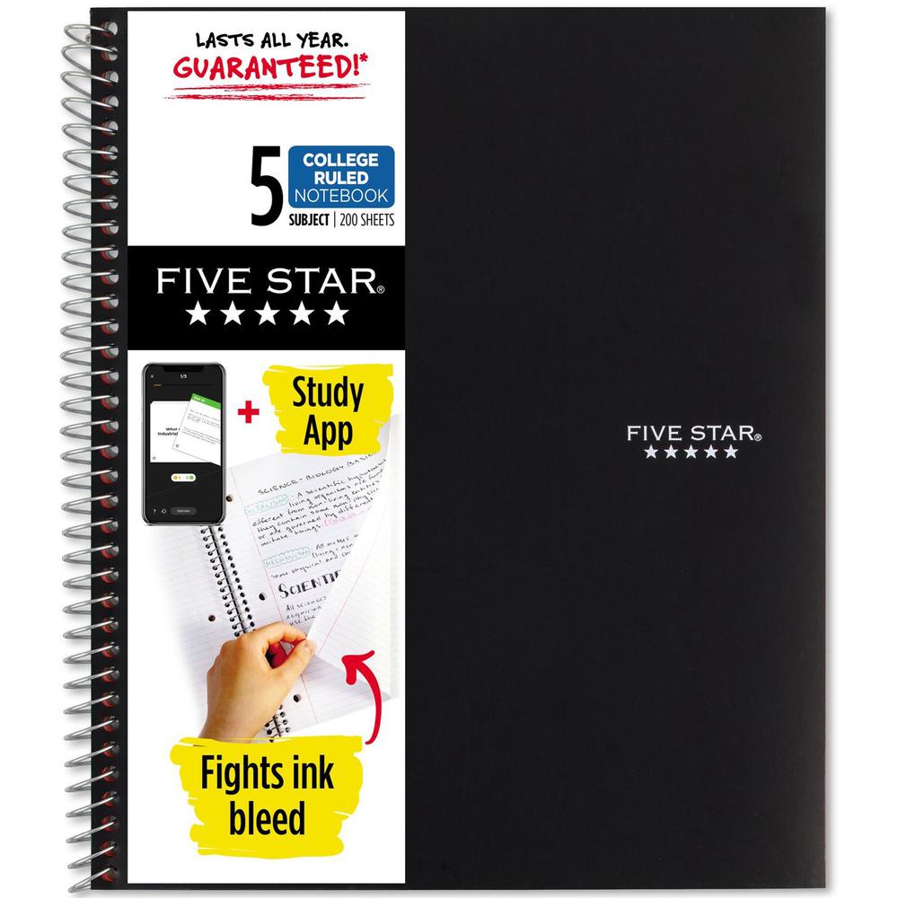 Five Star Notebook - 5 Subject(s) - 200 Sheets - Wire Bound - College Ruled - 3 Hole(s) - Letter - 8 1/2" x 11" - Black Cover - Bleed Resistant, Pocket, Perforated, Water Resistant, Spiral Lock, Acid-. Picture 1