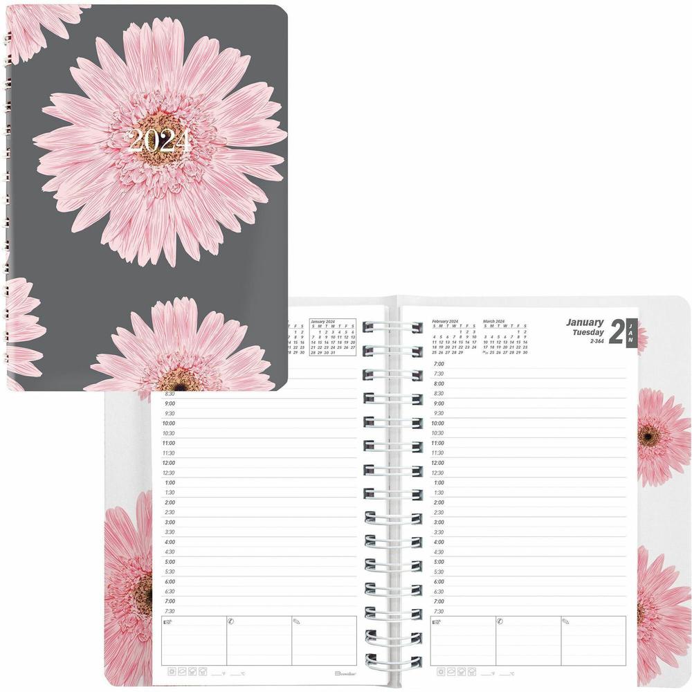 Brownline Essential Daily/Monthly Planner Book - Daily, Monthly - 12 Month - January - December - 7:00 AM to 7:30 PM - Half-hourly - 1 Day Single Page Layout - 8" x 5" Sheet Size - Twin Wire - Pink - . Picture 1