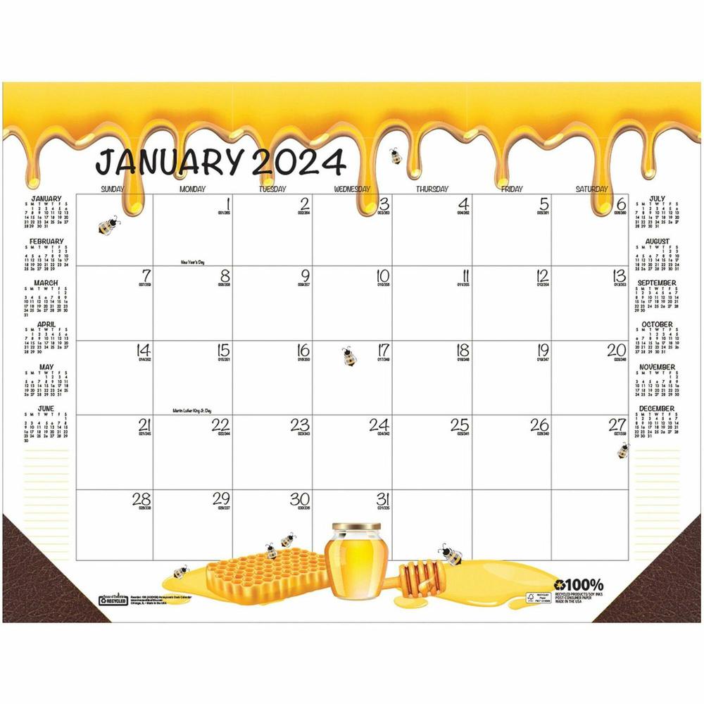 House of Doolittle Honeycomb Monthly Desk Pad Calendar - Julian Dates - Monthly - 12 Month - January 2024 - December 2024 - 22" x 17" Sheet Size - Desk Pad - Yellow - Reinforced Corner, Note Page - 1 . Picture 1