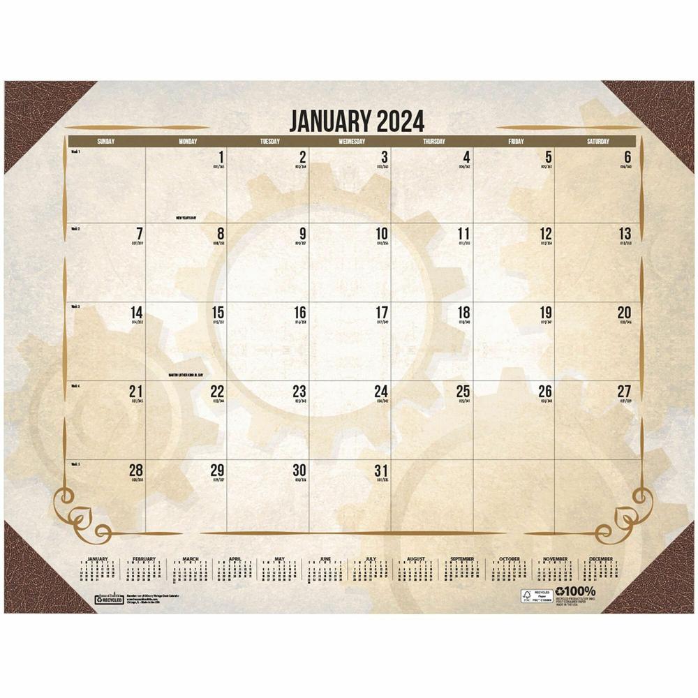 House of Doolittle Vintage Monthly Desk Pad Calendar - Julian Dates - Monthly - 12 Month - January - December - 1 Month Single Page Layout - 22" x 17" Sheet Size - Headband - Desk Pad - Brown - Leathe. Picture 1