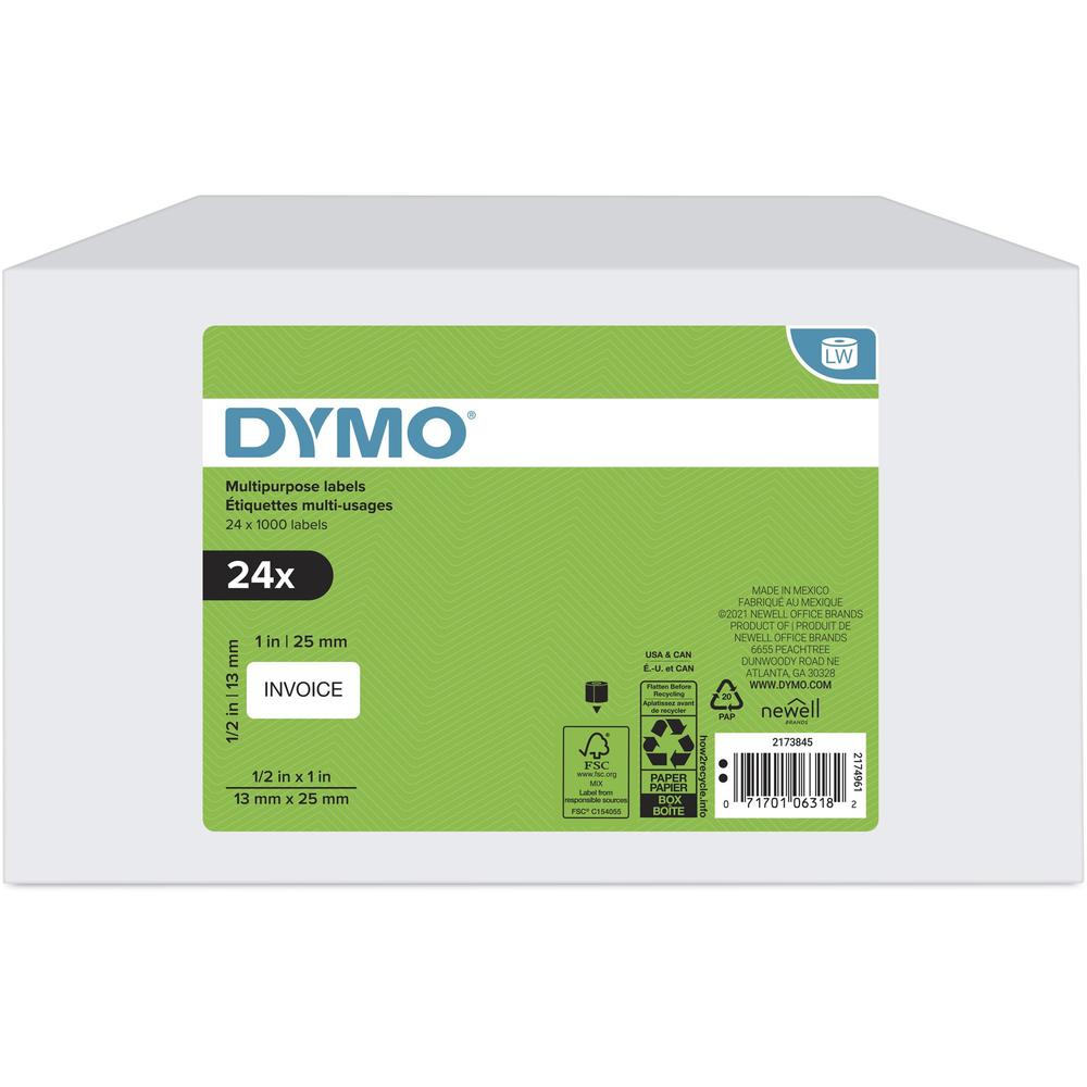 Dymo Multipurpose White Medium Labels - 1" Width x 1/2" Length - Rectangle - Thermal - White - 1000 / Roll - 24 / Box - Jam Resistant, Self-adhesive, Hassle-free. Picture 1