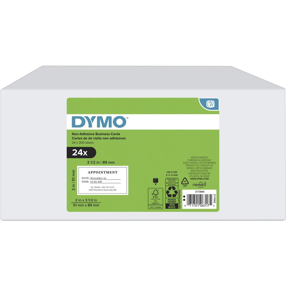 Dymo LabelWriter Business Card Label - 2" Width x 3 1/2" Length - Direct Thermal - White - 300 / Roll - 24 / Box - Non-adhesive. Picture 1