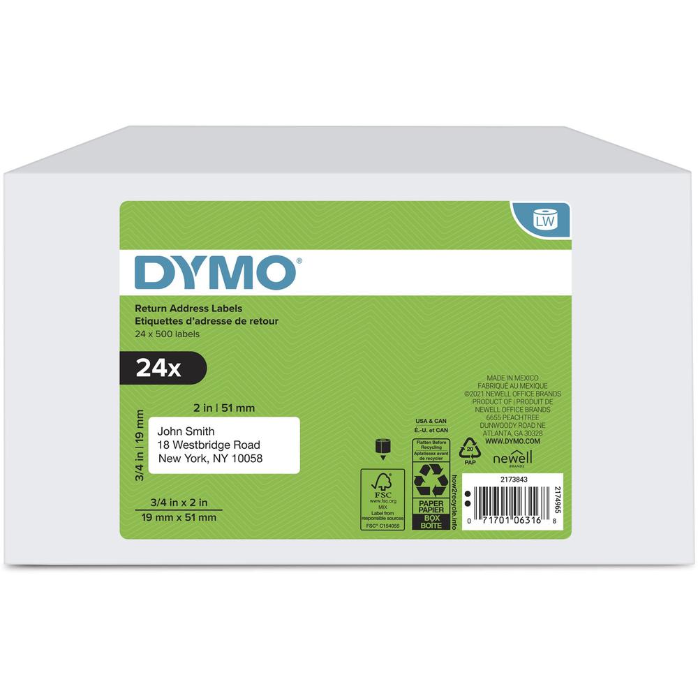 Dymo Return Address Multipurpose Labels - 3/4" Width x 2" Length - White - 500 / Roll - 24 / Box - Self-adhesive. Picture 1