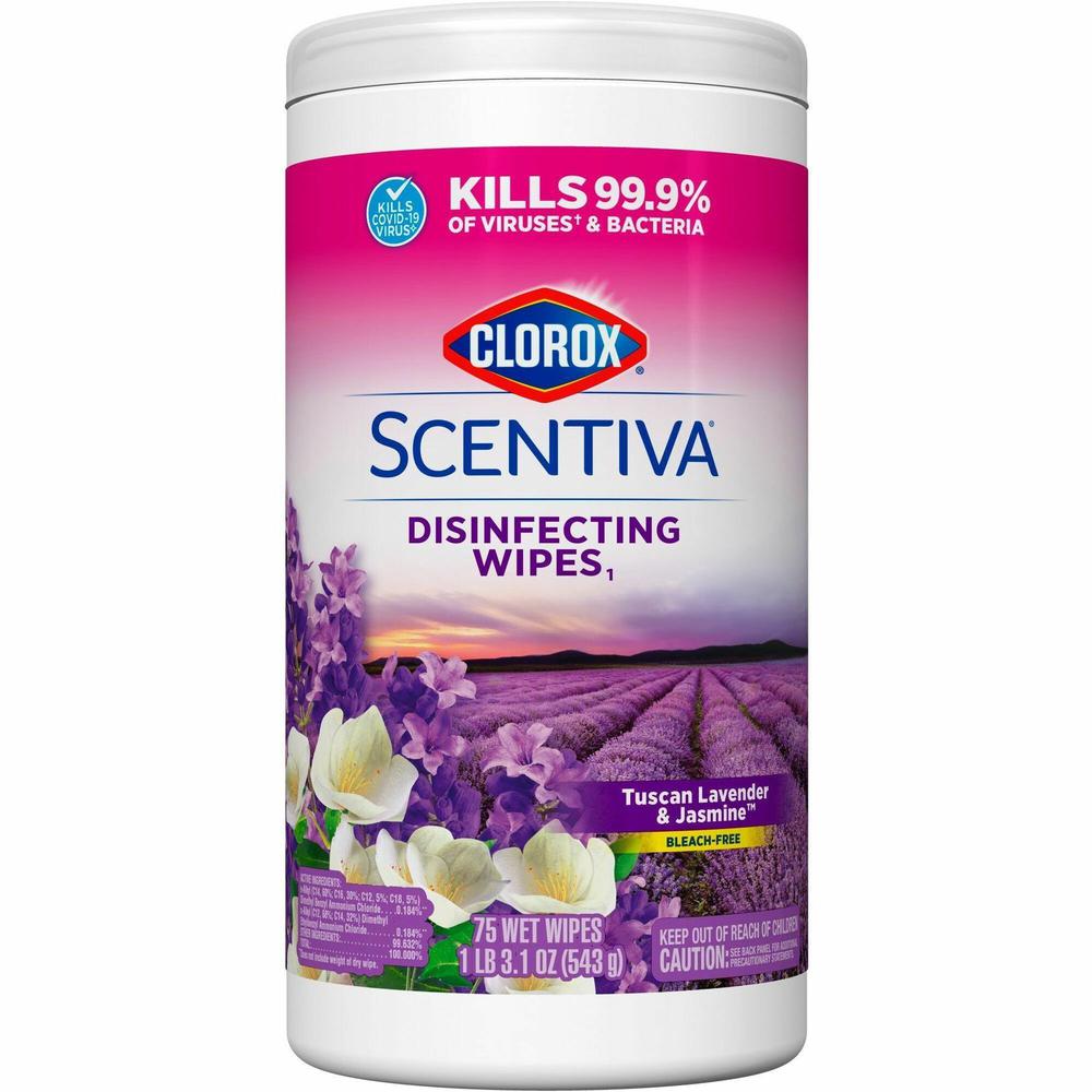 Clorox Scentiva Bleach-Free Disinfecting Wipes - Ready-To-Use Wipe - Tuscan Lavender & Jasmine Scent - 70 / Tub - 1 Each - White. Picture 1