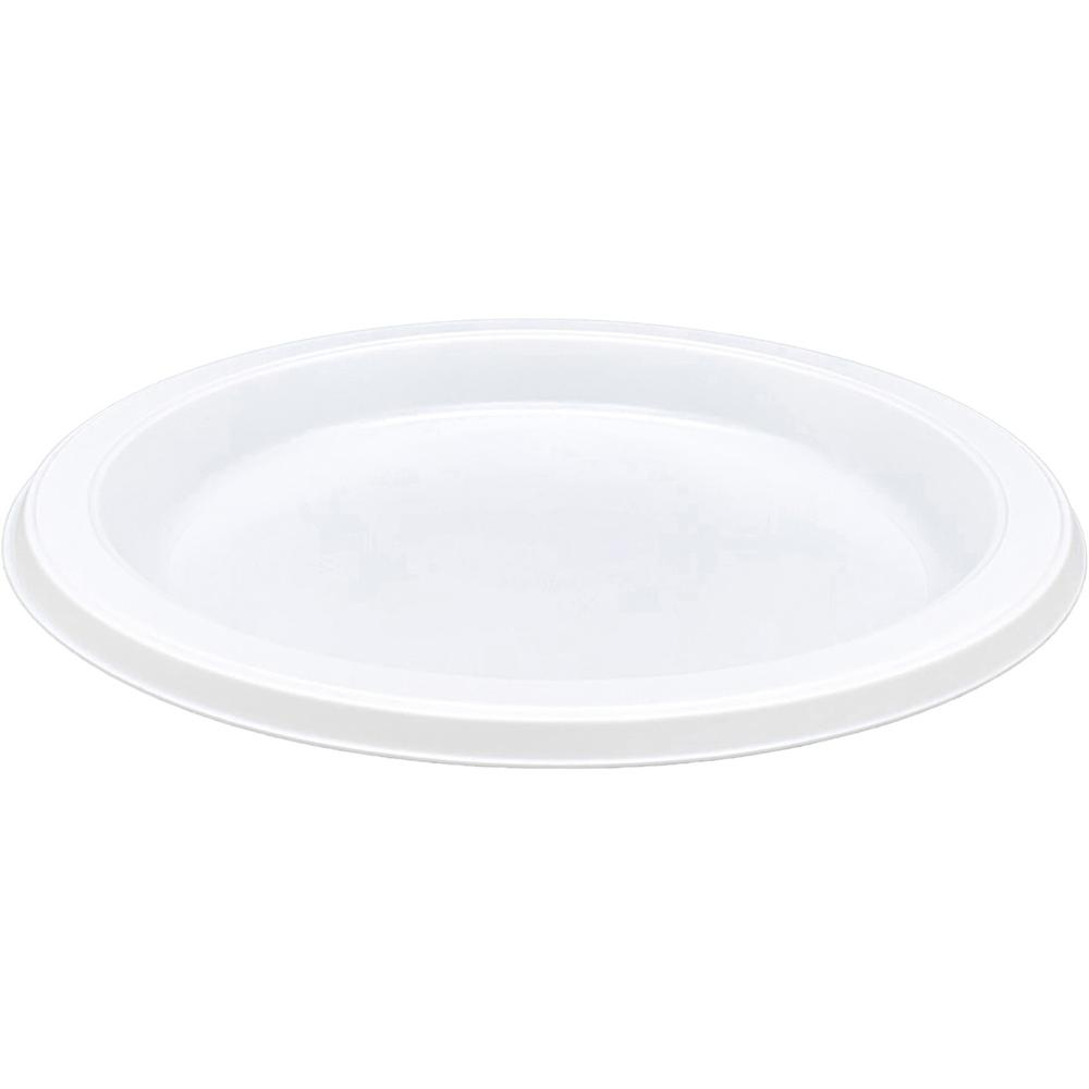 Genuine Joe 7" Disposable Plastic Plates - Picnic, Food, Party, Breakroom - Disposable - 7" Diameter - White - Plastic Body - Round - 125 / Pack. Picture 1
