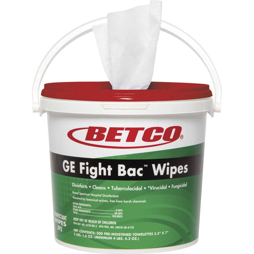 Betco GE Fight Bac Disinfectant Wipes - 500 / Tub - 4 / Carton - Disinfectant, Chemical-free, Fume-free, Washable - White. Picture 1