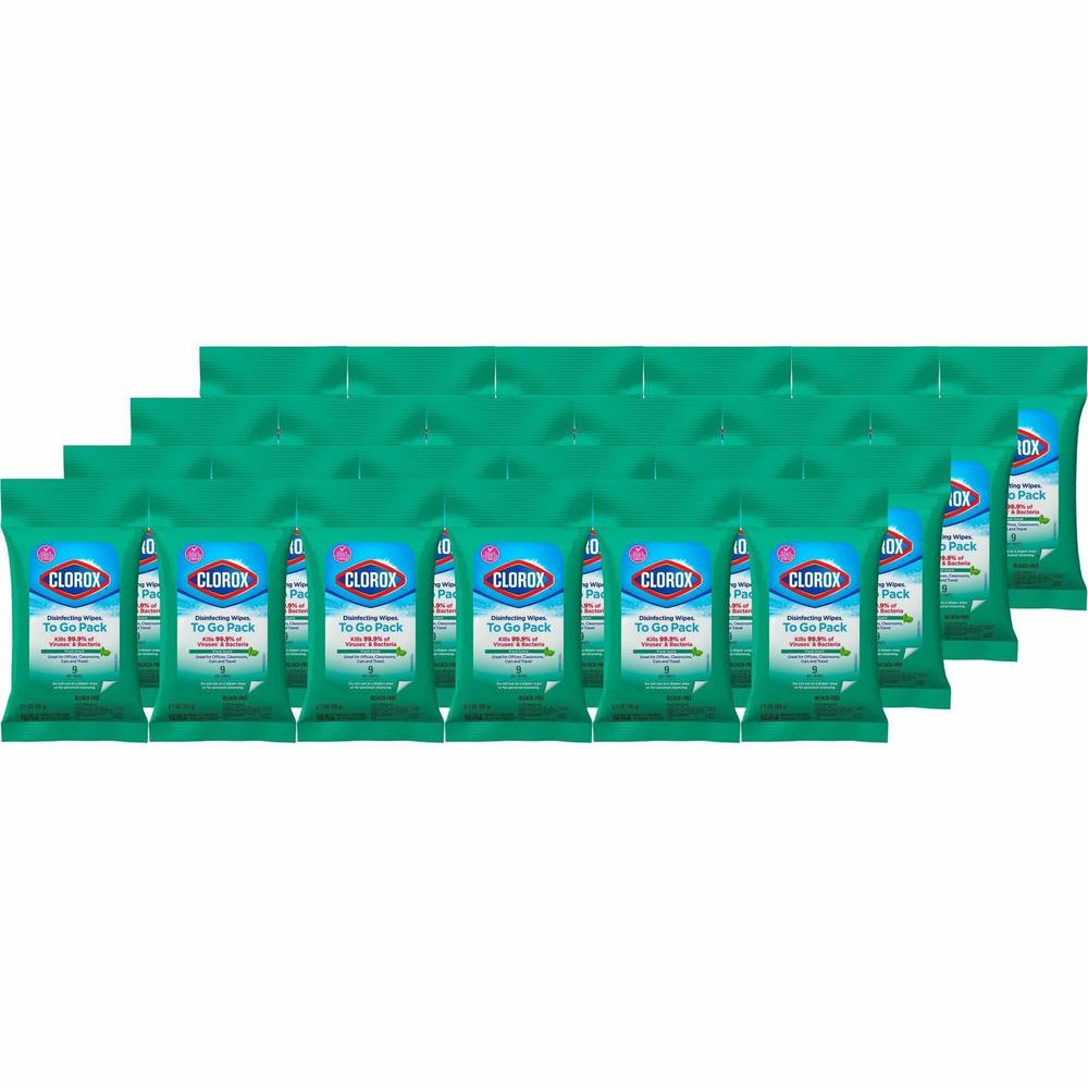 Clorox On The Go Bleach-Free Disinfecting Wipes - Ready-To-Use Wipe - Fresh Scent - 9 / Pack - 24 / Carton - White. Picture 1