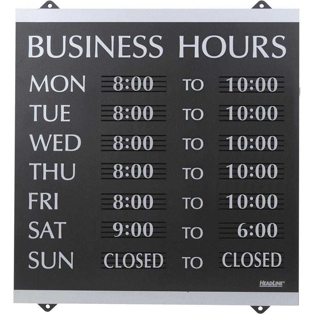 Headline Signs Business Hours Sign - 1 Each - Business Hours Print/Message - 14" Width13" Depth - Heavy Duty, Durable - Plastic - Black, Gray. Picture 1