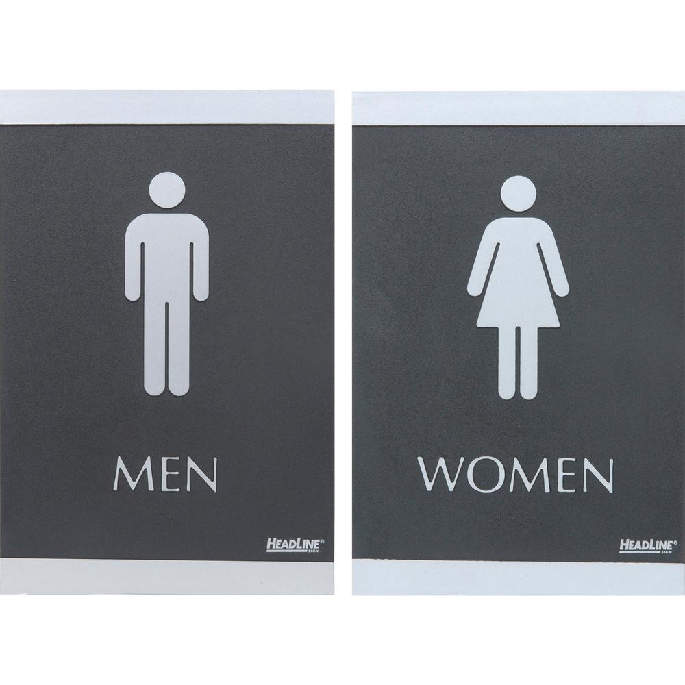 Headline Signs ADA MEN/WOMEN Restroom Sign - 1 Set - Men, Women Print/Message - 6" Width9" Depth - Rectangular Shape - Silver Print/Message Color - Adhesive Backing, Durable, Pictogram, Self-adhesive,. Picture 1
