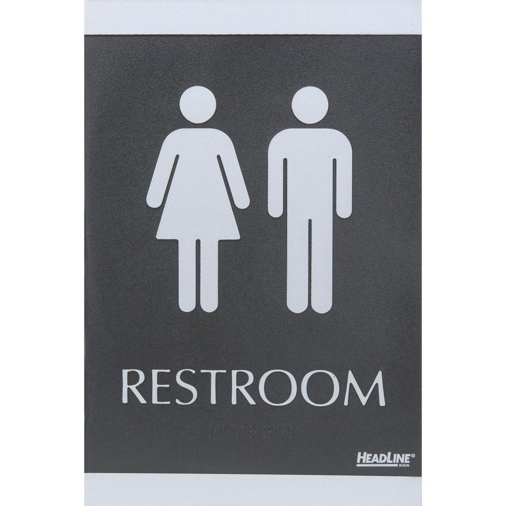 Headline Signs ADA RESTROOM Sign - 1 Each - Restroom Print/Message - 6" Width9" Depth - Rectangular Shape - Silver Print/Message Color - Adhesive Backing, Durable, Pictogram, Self-adhesive, Braille - . Picture 1