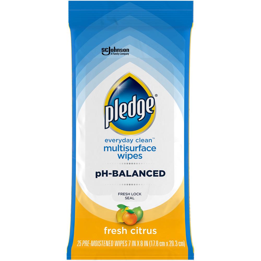 Pledge PH Balanced Multisurface Cleaner Wipes - Fresh Citrus Scent - 25 / Pack - 1 Each - pH Balanced, Streak-free, Residue-free - Blue. Picture 1