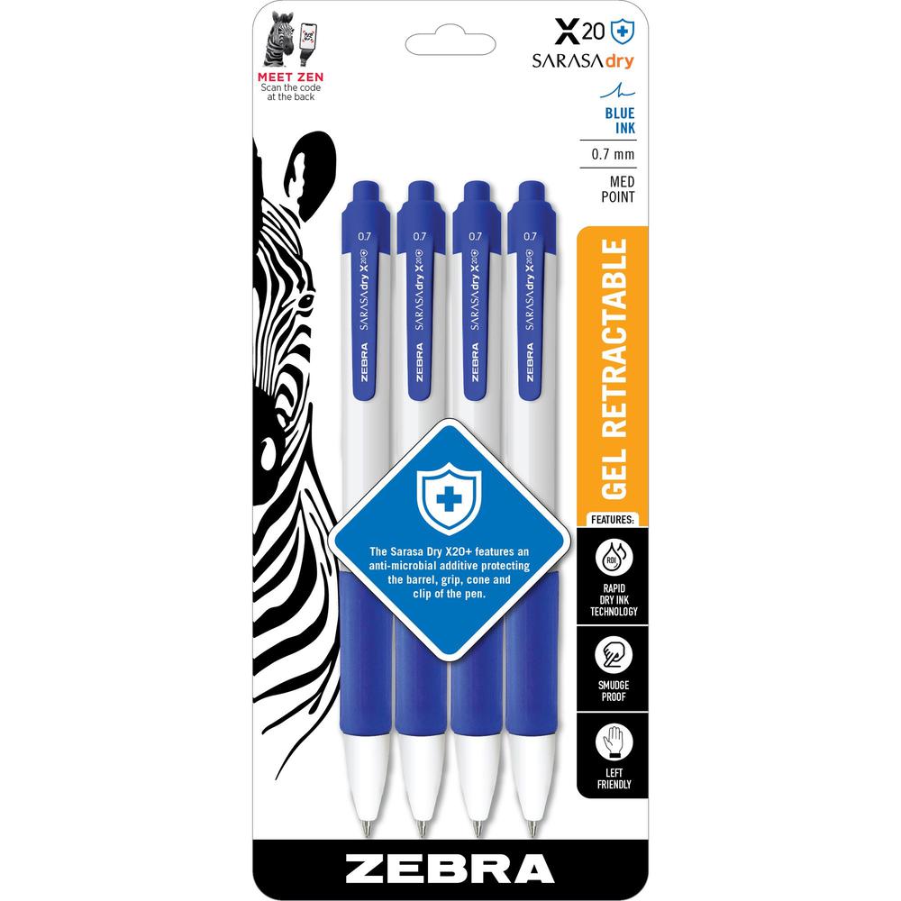 Zebra SARASA dry X20+ Retractable Gel Pen - Medium Pen Point - 0.7 mm Pen Point Size - Retractable - Blue Gel-based Ink - Plastic Barrel - 4 / Pack. Picture 1