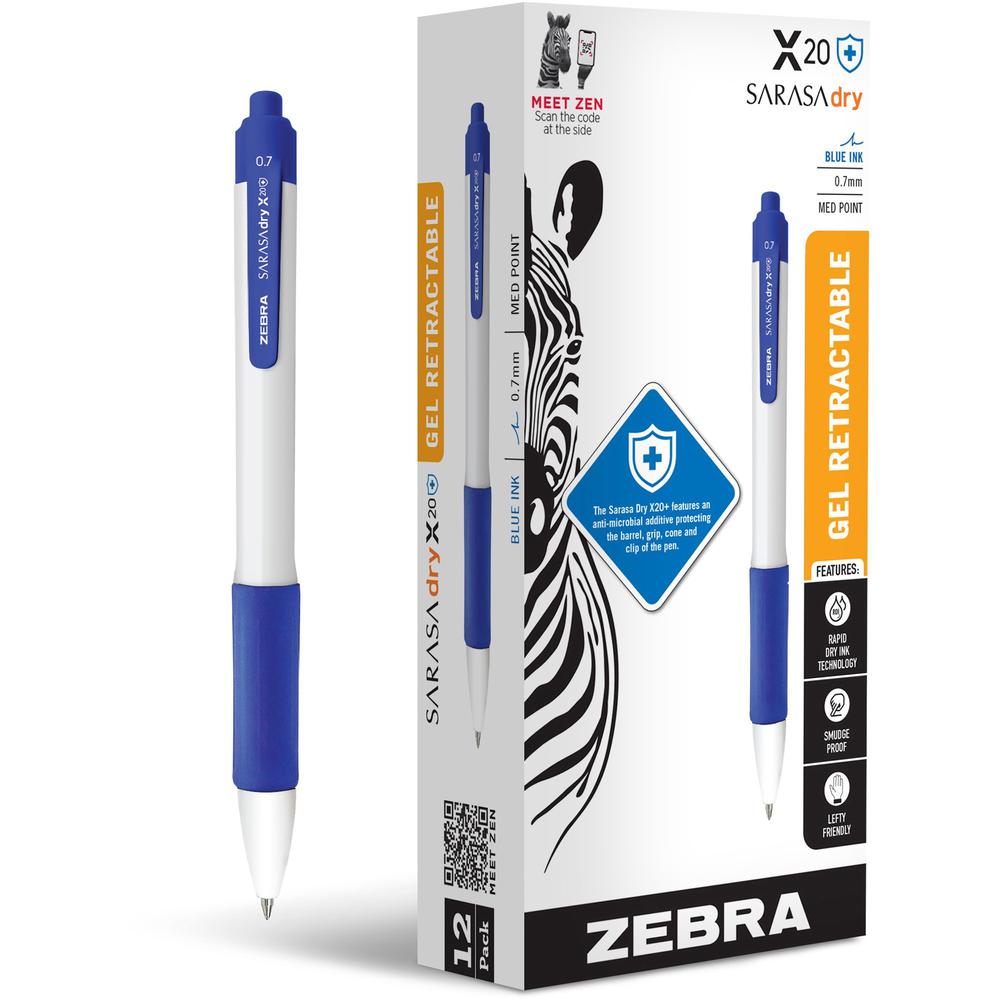 Zebra SARASA dry X20+ Retractable Gel Pen - Medium Pen Point - 0.7 mm Pen Point Size - Conical Pen Point Style - Retractable - Blue Gel-based Ink - White Plastic Barrel - 12 / Dozen. Picture 1