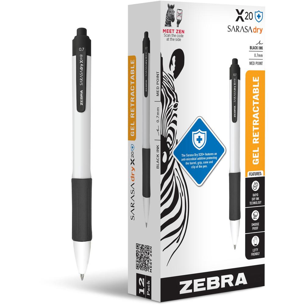 Zebra SARASA dry X20+ Retractable Gel Pen - Medium Pen Point - 0.7 mm Pen Point Size - Conical Pen Point Style - Retractable - Black Gel-based Ink - White Plastic Barrel - 12 / Dozen. Picture 1