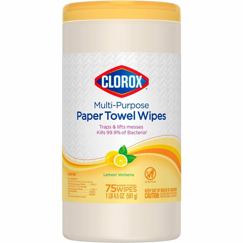 Clorox Multipurpose Paper Towel Wipes - Ready-To-Use Wipe - Lemon Verbena Scent - 75 / Canister - 1 Each - White. Picture 1