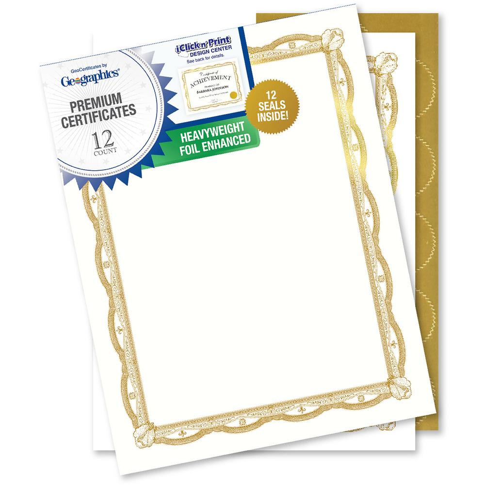 Geographics Premium Certificates with Gold Seals - 65 lb Basis Weight - 11" - Inkjet Compatible - Gold, Assorted, Multicolor with Gold Border - Card Stock, Foil - 12 / Pack. Picture 1