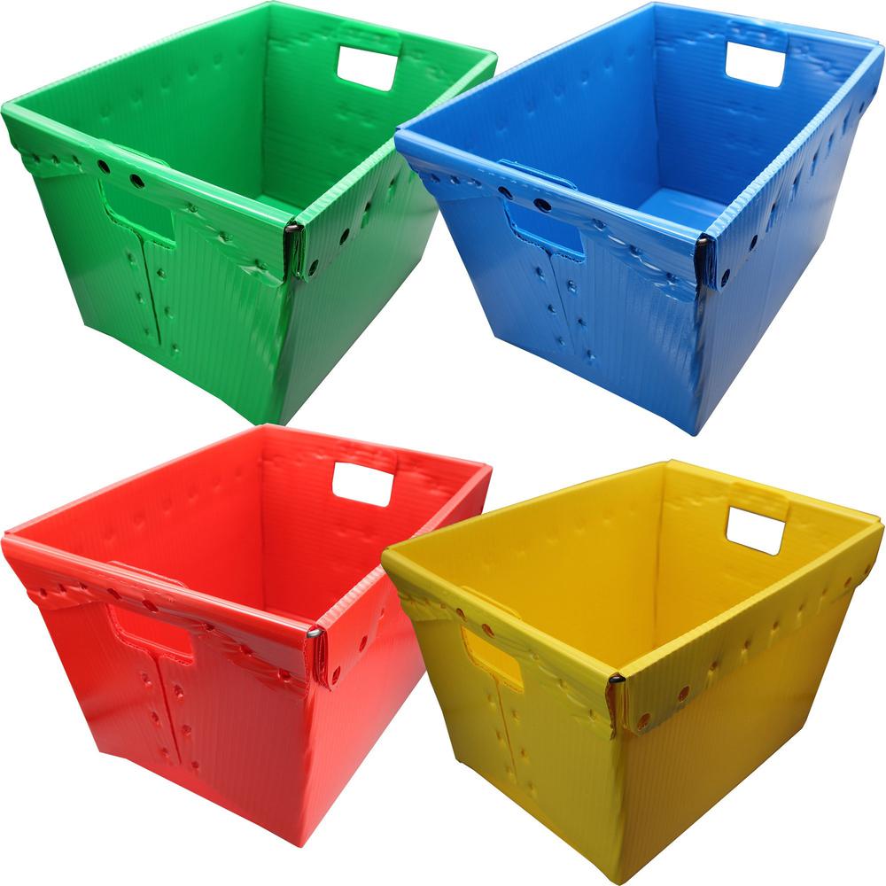 Flipside Primary Assorted Plastic Storage Postal Tote - 4 Pack - x 13.3" Width x 11.6" Depth x 18.3" Height - 11 gal - Lid Closure - Rugged - Plastic - Assorted - For Moving, Storage - 4 / Pack. Picture 1