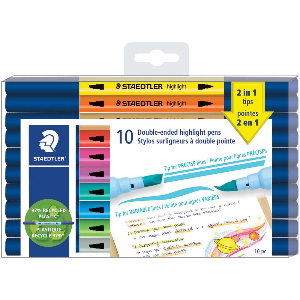Staedtler Double-ended Highlighter Pens - Chisel, Brush Marker Point Style - Assorted Water Based Ink - 10 / Pack. Picture 1