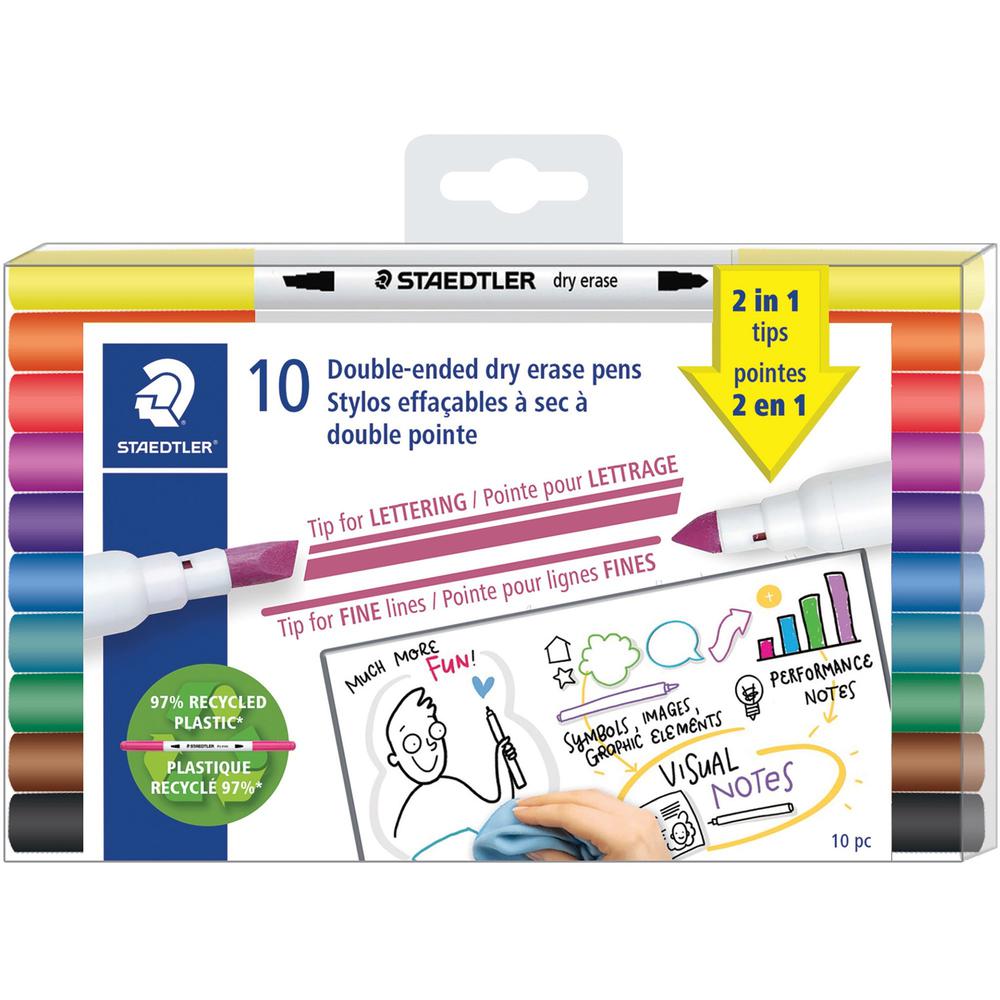 Staedtler Double-ended Dry Erase Pens - Chisel, Bullet Marker Point Style - Assorted Dry Ink - 10 / Pack. Picture 1