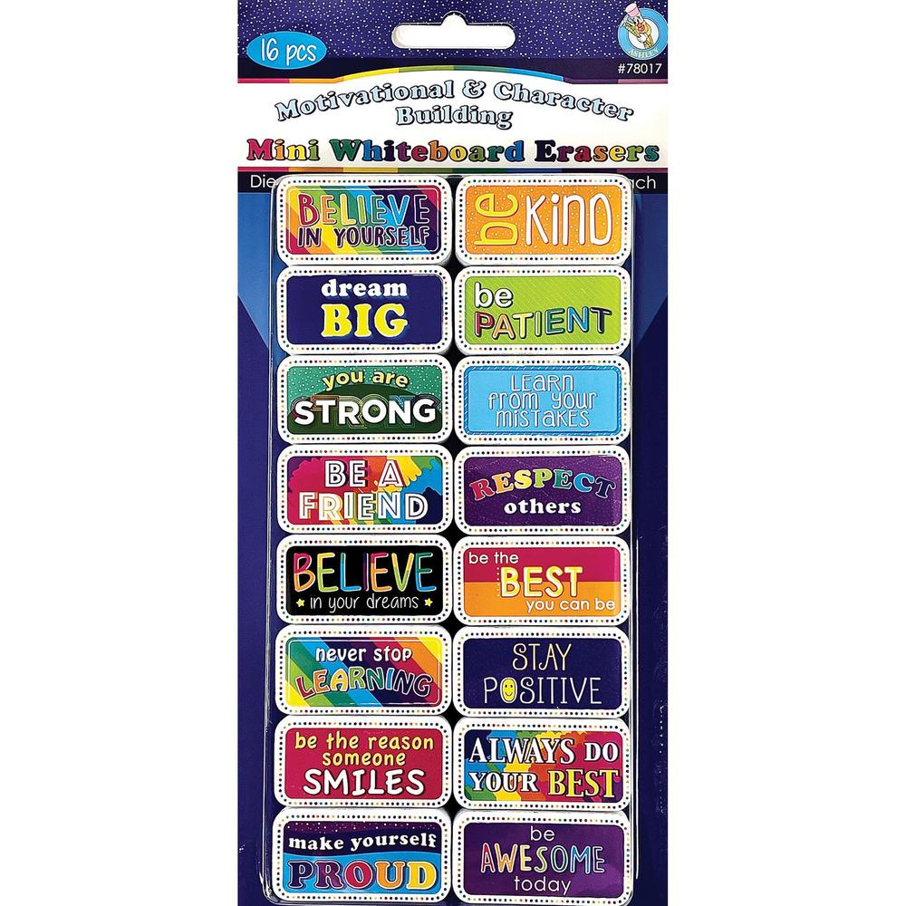Non-Magnetic Mini Whiteboard Erasers, Motivational/Character Building Pack of 16. Picture 1