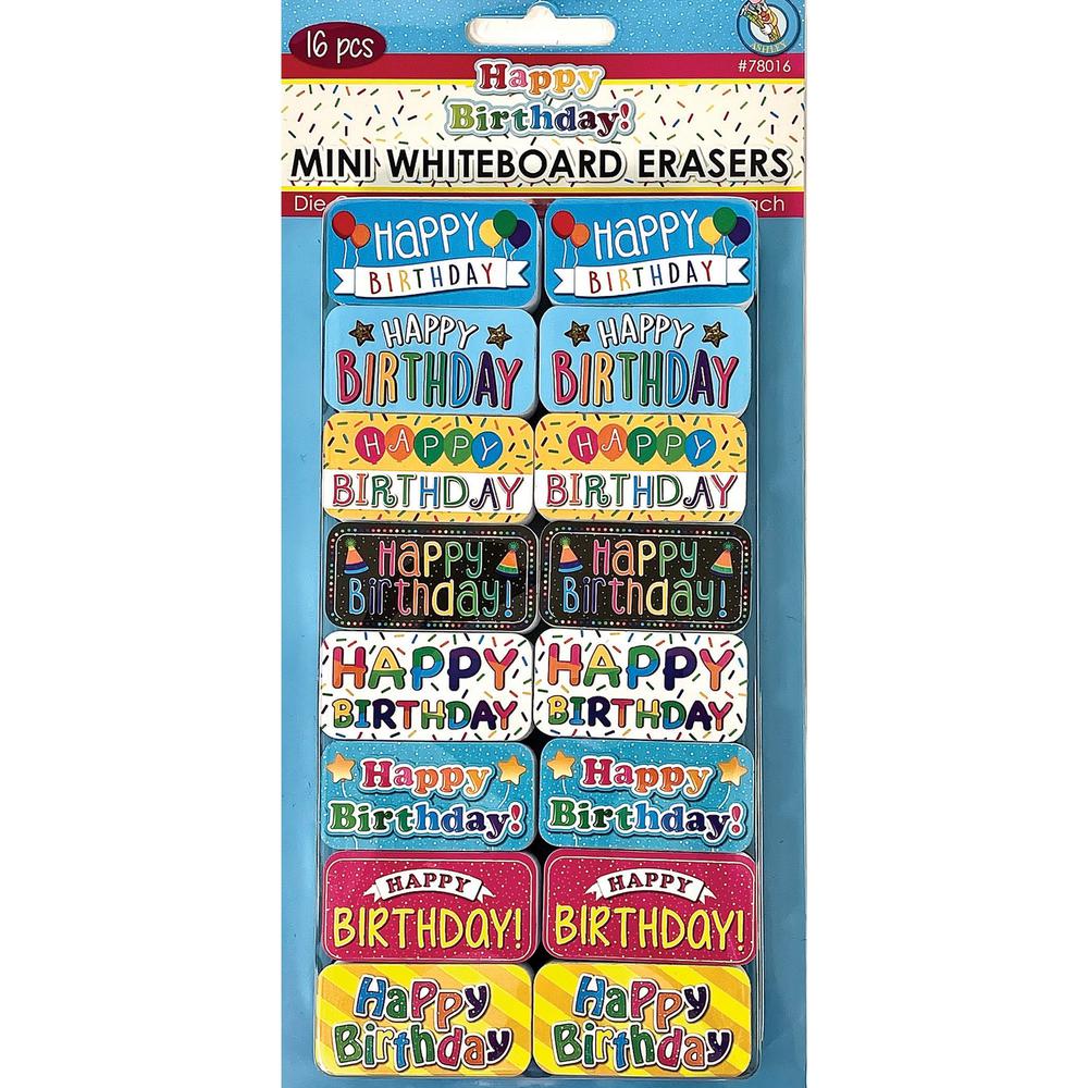 Non-Magnetic Mini Whiteboard Erasers, Happy Birthday, Pack of 16. Picture 1