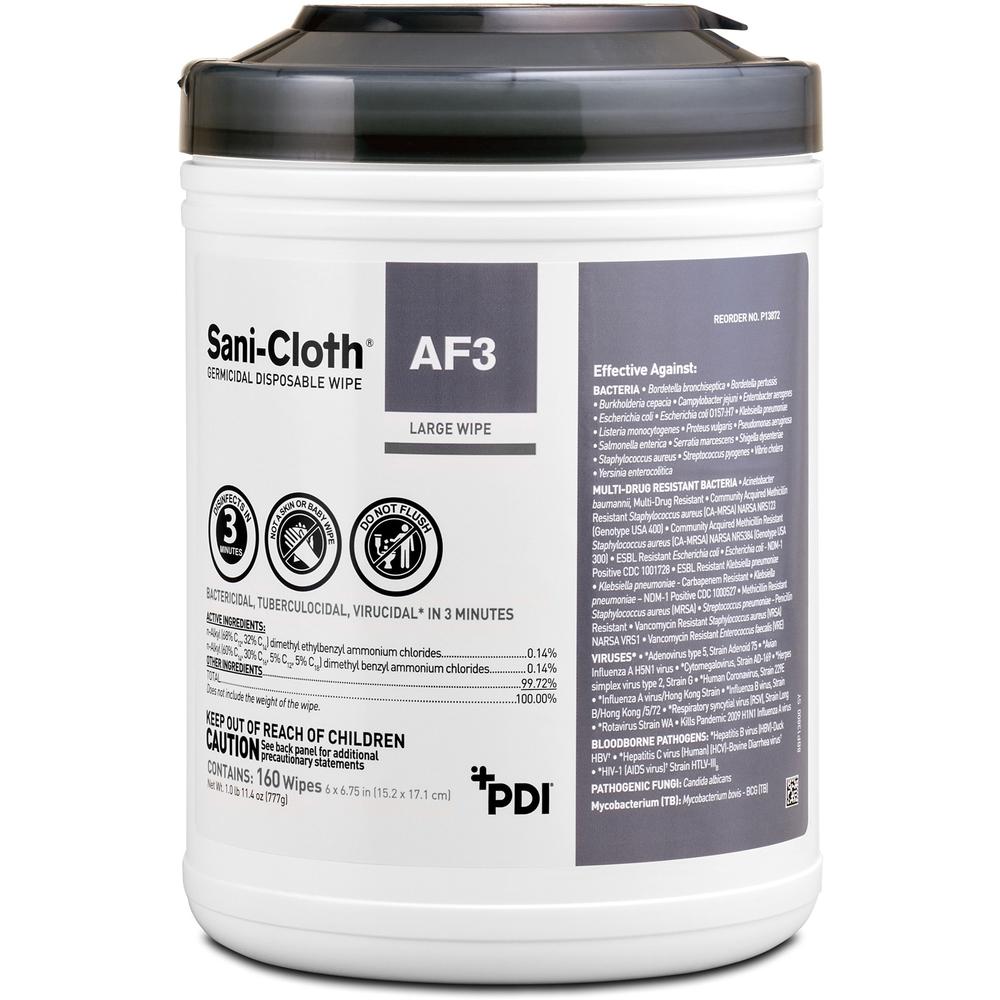 PDI Sani-Cloth AF3 Germicidal Wipes - 6.75" Length x 6" Width - 160 / Canister - 12 / Carton - Alcohol-free, Bleach-free, Virucidal, Fungicide, Fragrance-free, Disposable, Phenol-free, Ammonia-free, D. Picture 1