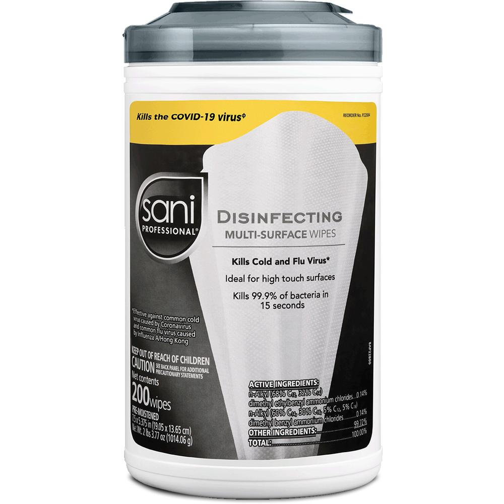Sani Professional Disinfecting Multi-Surface Wipes - Ready-To-Use Wipe - 200 / Tub - 1 Each - White. Picture 1