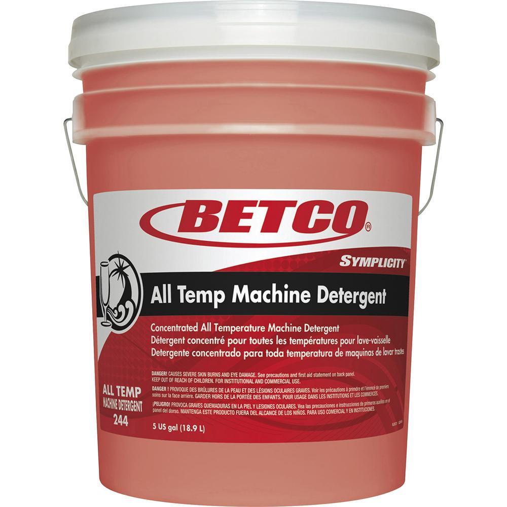 Betco Symplicity All Temp Machine Detergent - Liquid - 640 fl oz (20 quart) - Surfactant Scent - 1 Each - Clear, Orange. Picture 1