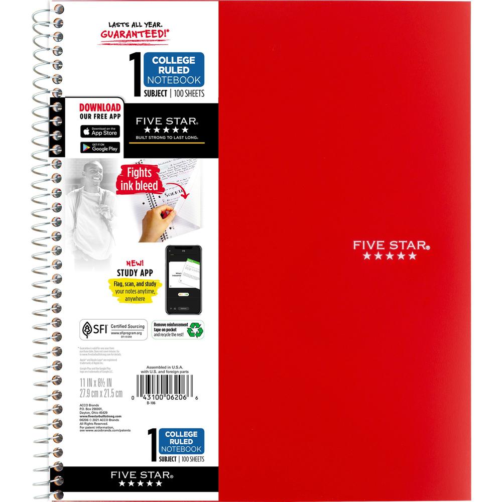 Five Star Wirebound Notebook - 1 Subject(s) - 100 Pages - Wire Bound - College Ruled - Letter - 8 1/2" x 11" - Red Cover - Double Sided Sheet, Durable, Water Resistant, Wear Resistant, Tear Proof, Spi. Picture 1