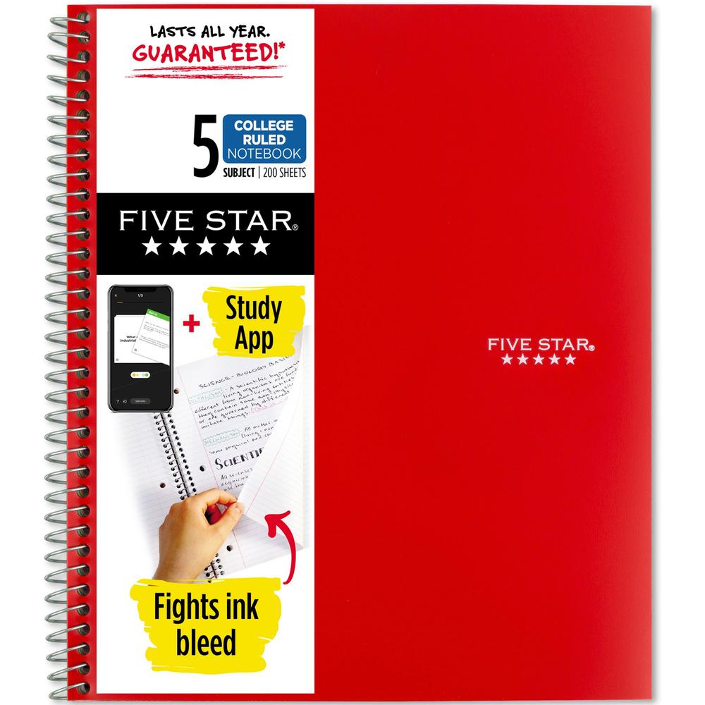 Five Star Wirebound Notebook - 5 Subject(s) - 200 Pages - Wire Bound - College Ruled - Letter - 8 1/2" x 11" - Red Cover - Double Sided Sheet, Durable, Water Resistant, Wear Resistant, Tear Proof, Spi. Picture 1