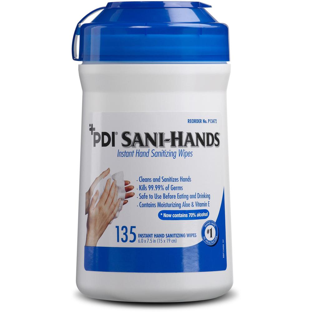 PDI Sani-Hands Instant Hand Sanitizing Wipes - 6" x 7.50" - White - 135 Per Canister - 1 Each. Picture 1