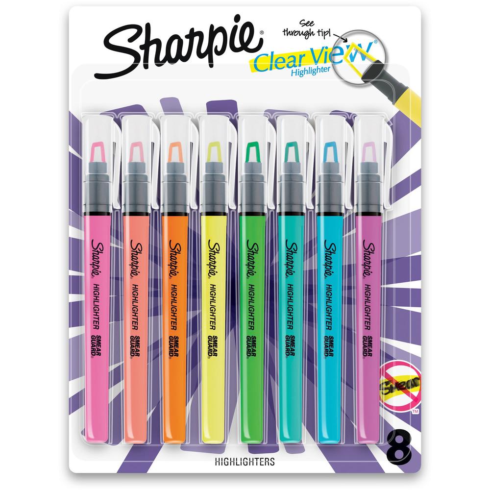 Sharpie Clear View Highlighter - Fine Marker Point - Chisel Marker Point Style - Yellow, Pink, Orange, Coral, Blue, Purple, Fluorescent Green - 8 / Pack. Picture 1
