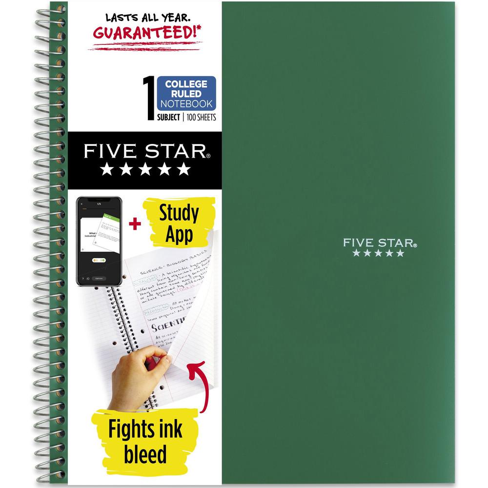 Five Star Wirebound Notebook - 1 Subject(s) - 100 Sheets - 100 Pages - Wire Bound - Letter - 8 1/2" x 11" - Forest GreenPlastic Cover - Double Sided Sheet, Bleed Resistant, Perforated, Storage Pocket,. Picture 1