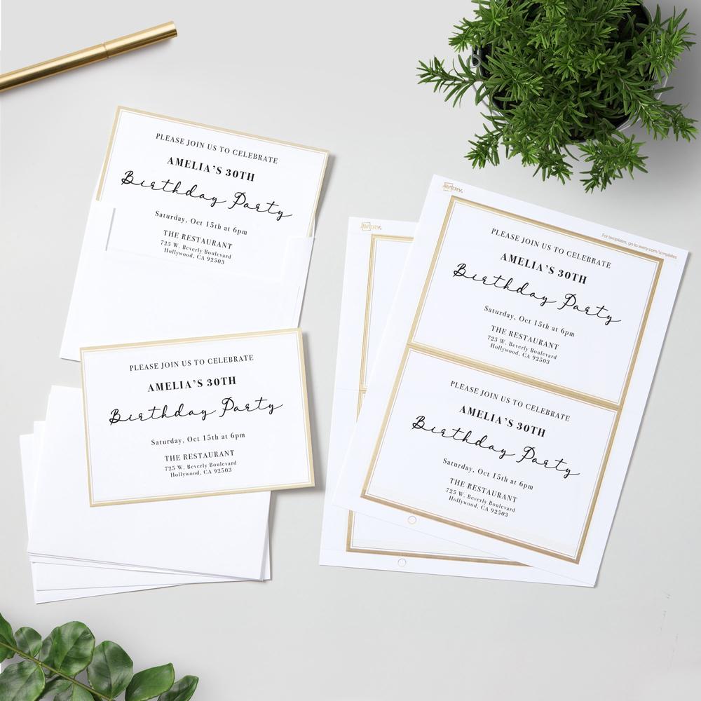 Avery&reg; Invitation Cards with Metallic Gold Borders - 1 1/2" Width x 15/16" Length - Rectangle - White - Paper - 18 / Sheet - 29 / Pack. Picture 1