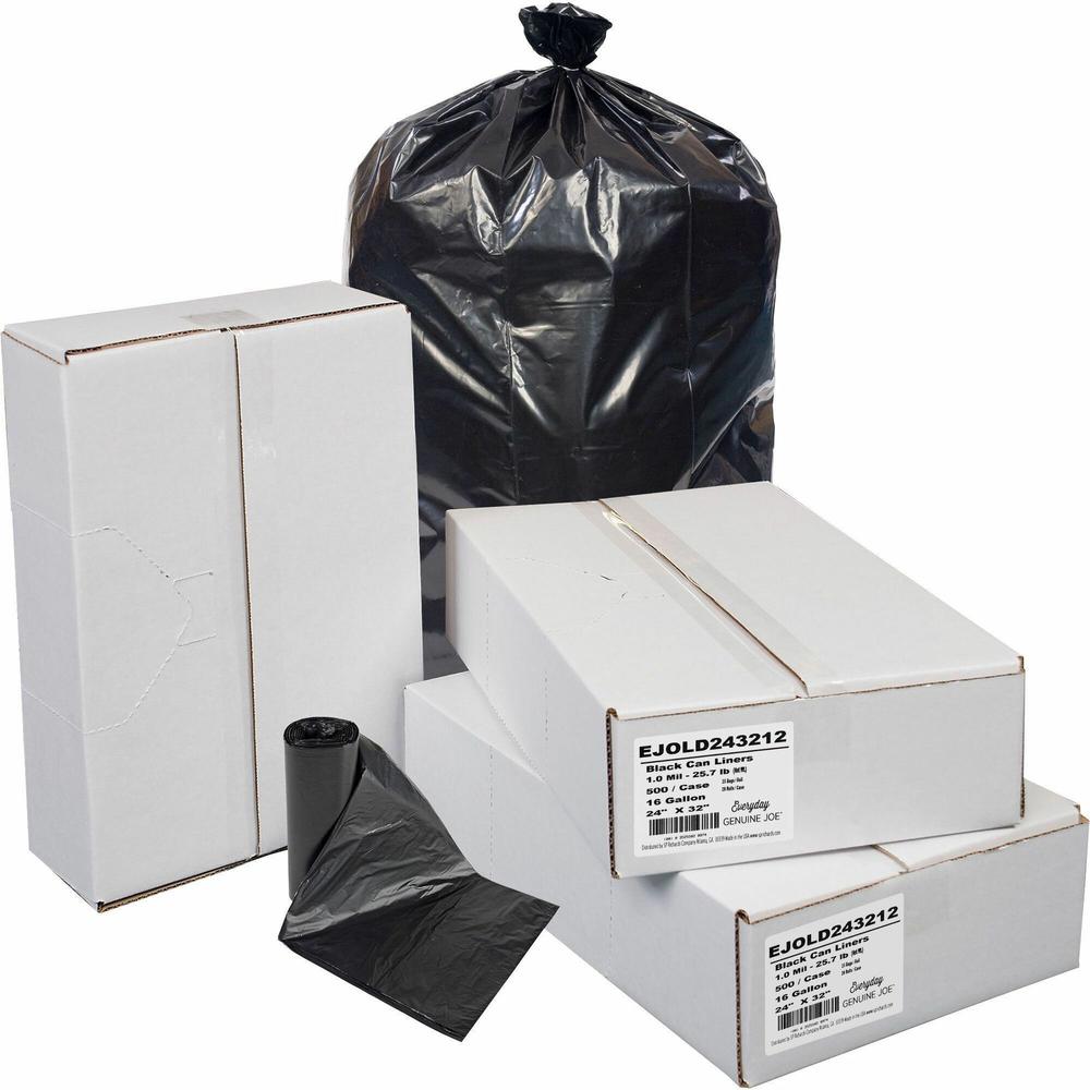 Everyday Genuine Joe Low-Density Can Liners - 16 gal Capacity - 24" Width x 32" Length - 1 mil (25 Micron) Thickness - Low Density - Black - Resin - 500/Carton - Office Waste, Receptacle - Recycled. Picture 1