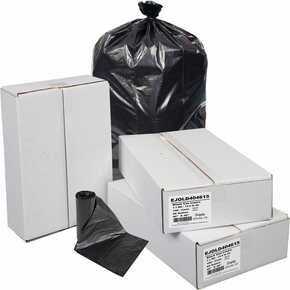 Everyday Genuine Joe Low-Density Can Liners - 45 gal Capacity - 40" Width x 46" Length - 1.10 mil (28 Micron) Thickness - Low Density - Black - Resin - 100/Carton - Office Waste, Receptacle - Recycled. Picture 1