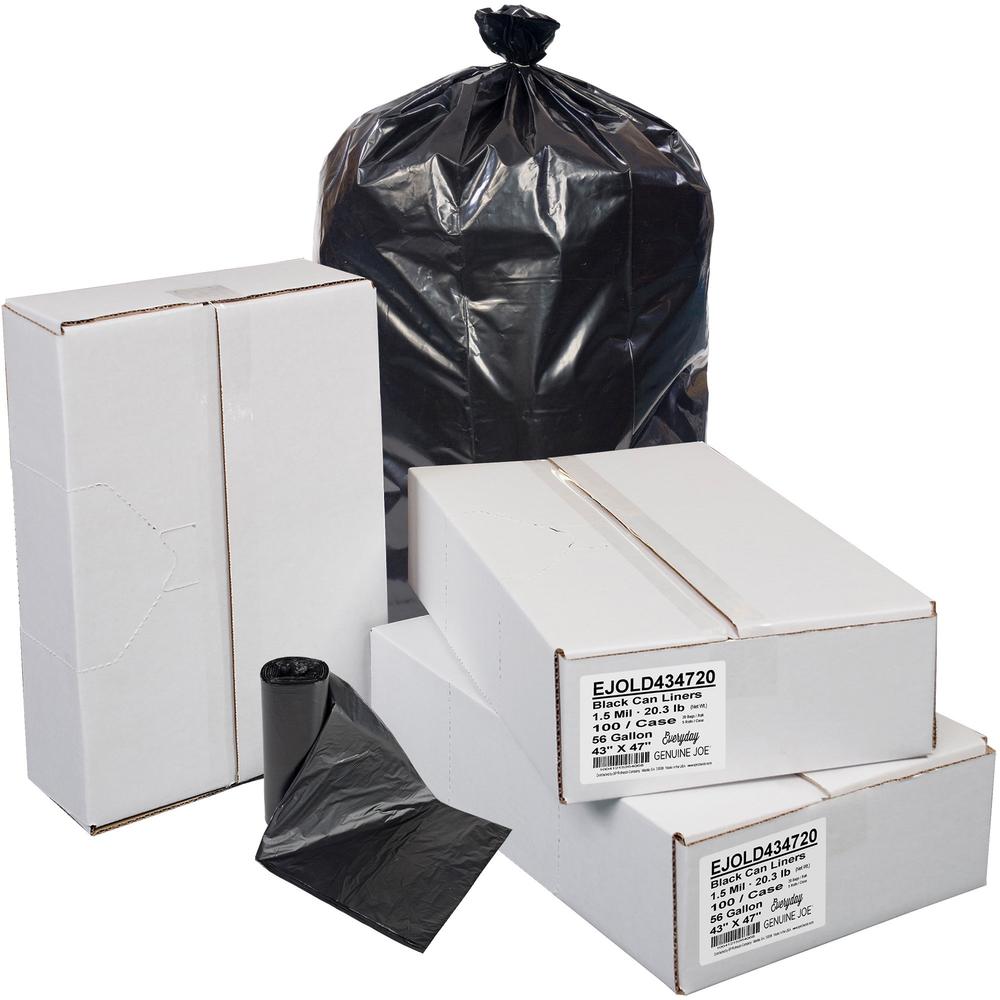 Everyday Genuine Joe Low-Density Can Liners - 56 gal Capacity - 43" Width x 47" Length - 1.50 mil (38 Micron) Thickness - Low Density - Black - Resin - 100/Carton - Office Waste, Receptacle - Recycled. Picture 1