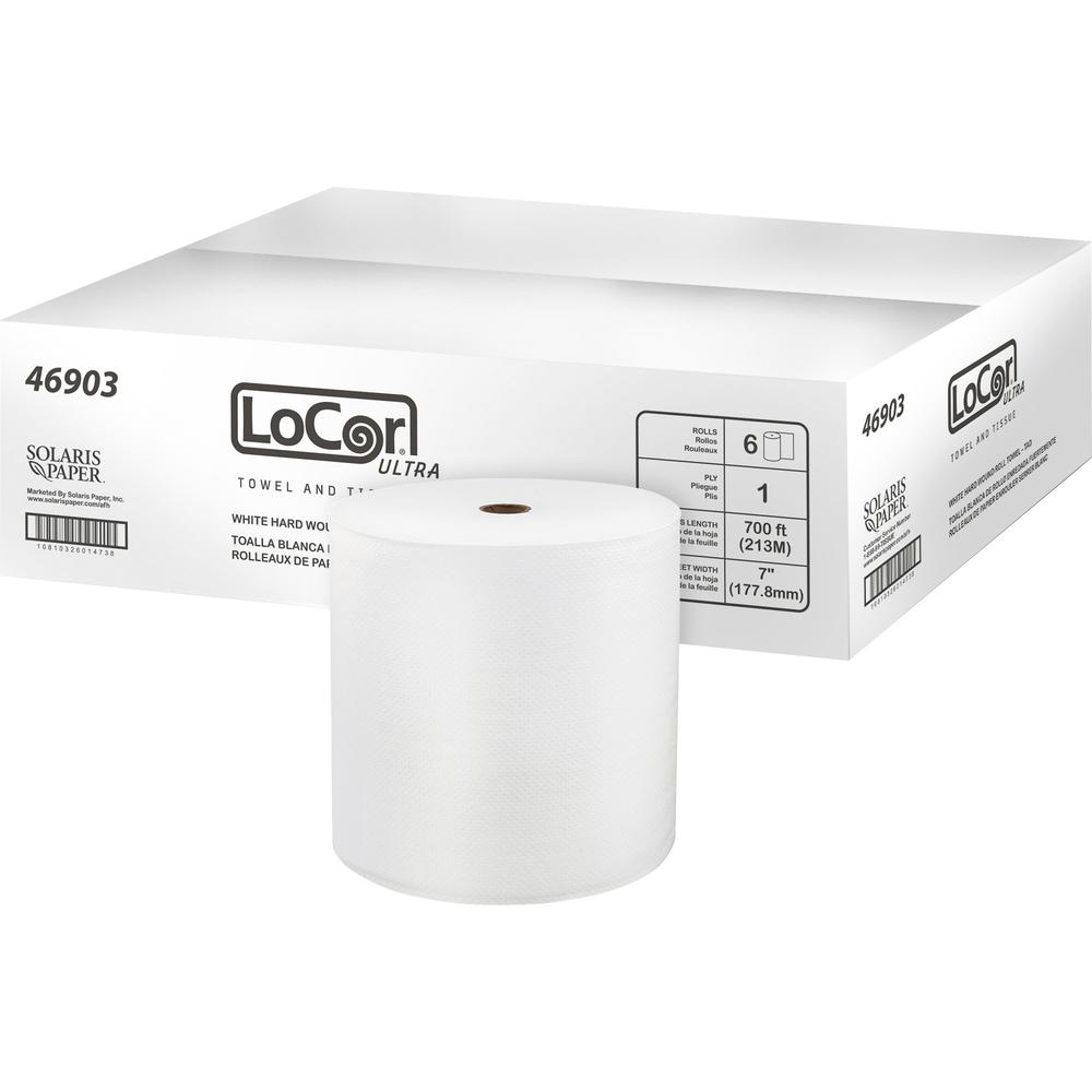 LoCor Paper Ultra Hard Wound Roll Towels - 1 Ply - White - Virgin Fiber - 6 / Carton. Picture 1