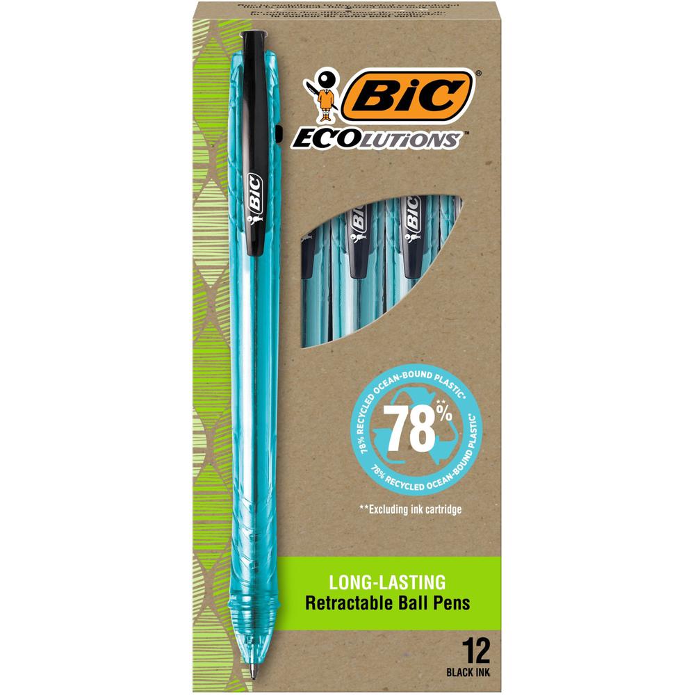 BIC Ecolutions Ballpoint Pen - Medium Pen Point - 1 mm Pen Point Size - Refillable - Retractable - Black - Semi Clear Barrel - 12 / Pack. Picture 1