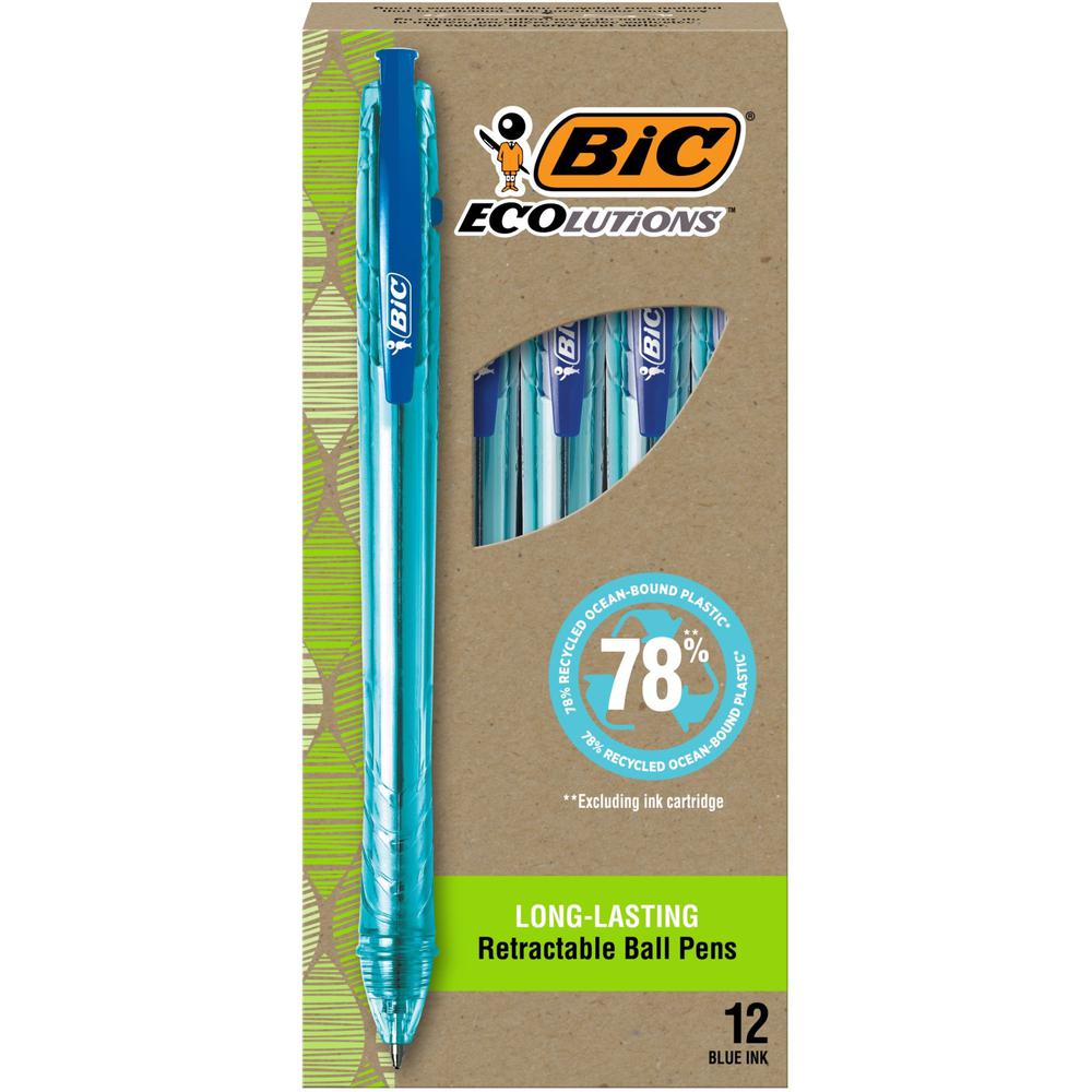 BIC Ecolutions Ballpoint Pen - Medium Pen Point - 1 mm Pen Point Size - Retractable - Blue - Semi Clear Barrel - 12 / Pack. Picture 1