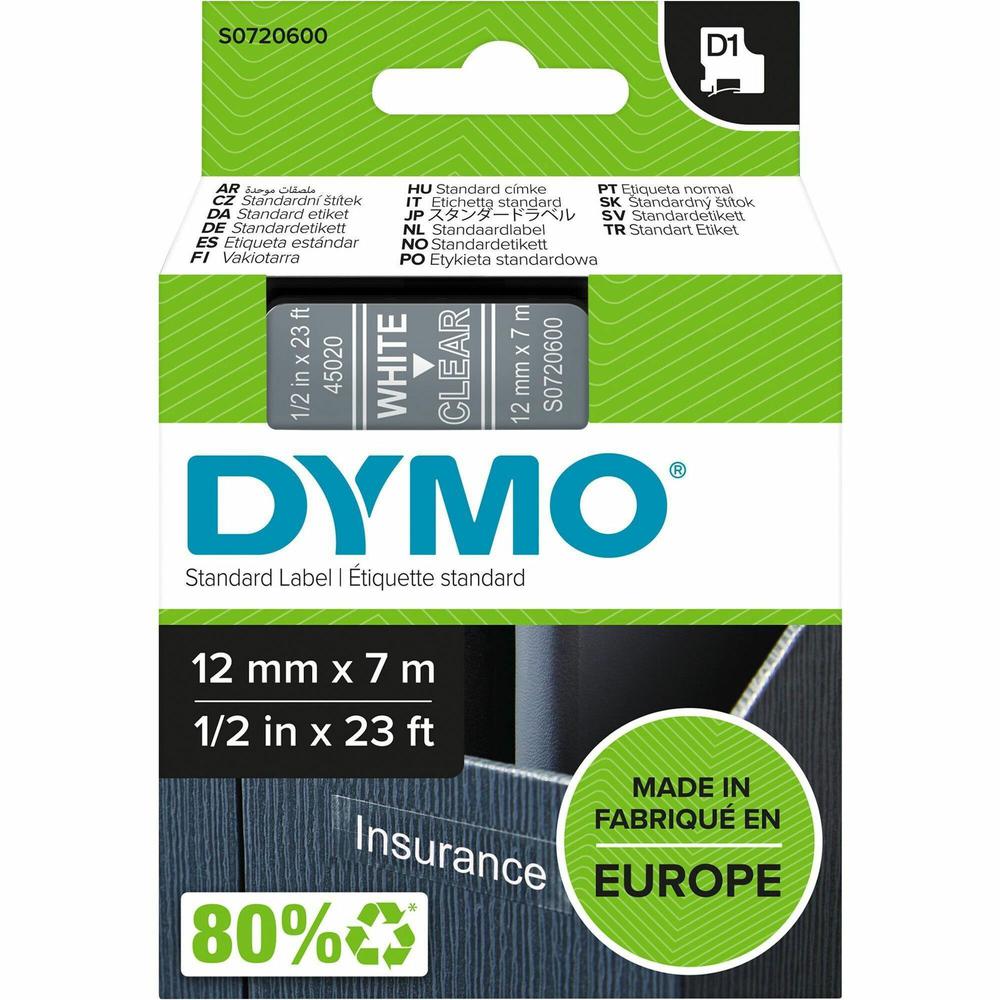 Dymo D1 Self Adhesive Tape Cassette - 15/32" Width - Rectangle - Thermal Transfer - Glossy - Transparent, White. Picture 1