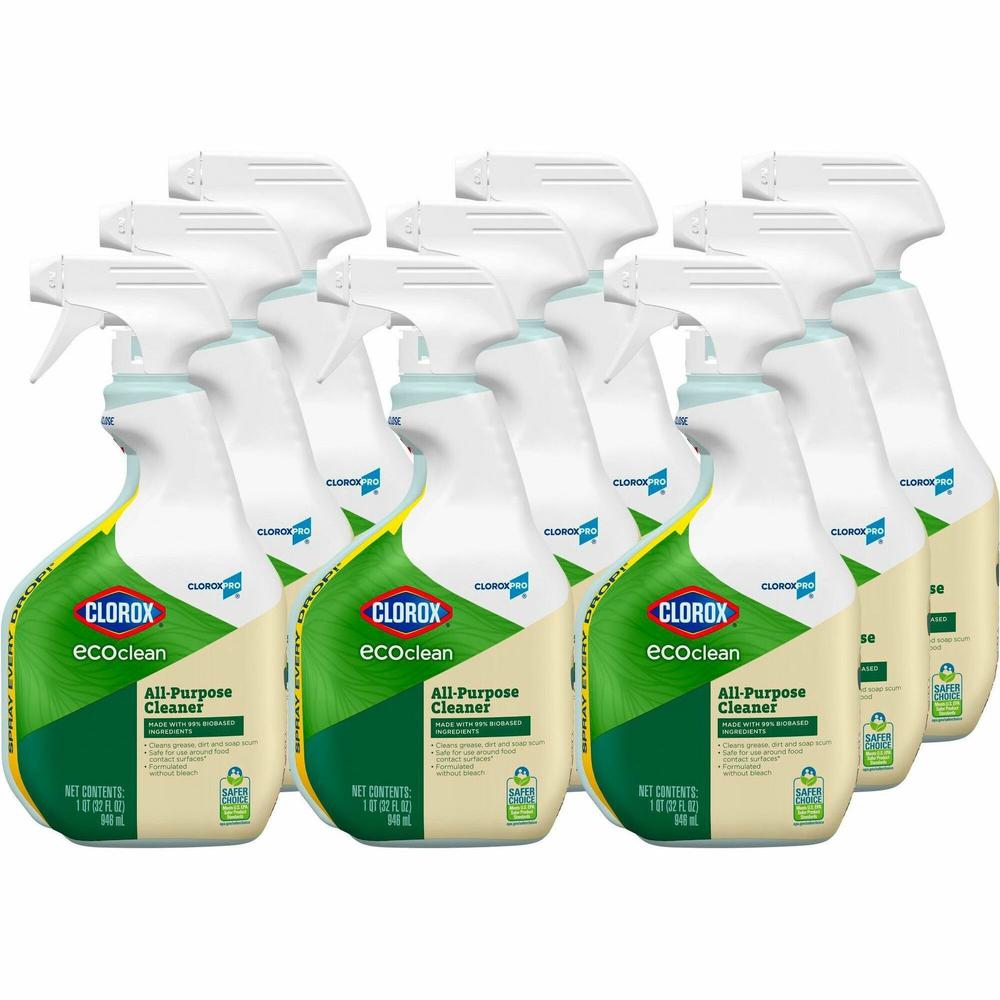 Clorox EcoClean All-Purpose Cleaner - 32 fl oz (1 quart) - 9 / Carton - Dye-free, Phosphate-free, Paraben-free, Petroleum Free, Solvent-free - Green, White. Picture 1