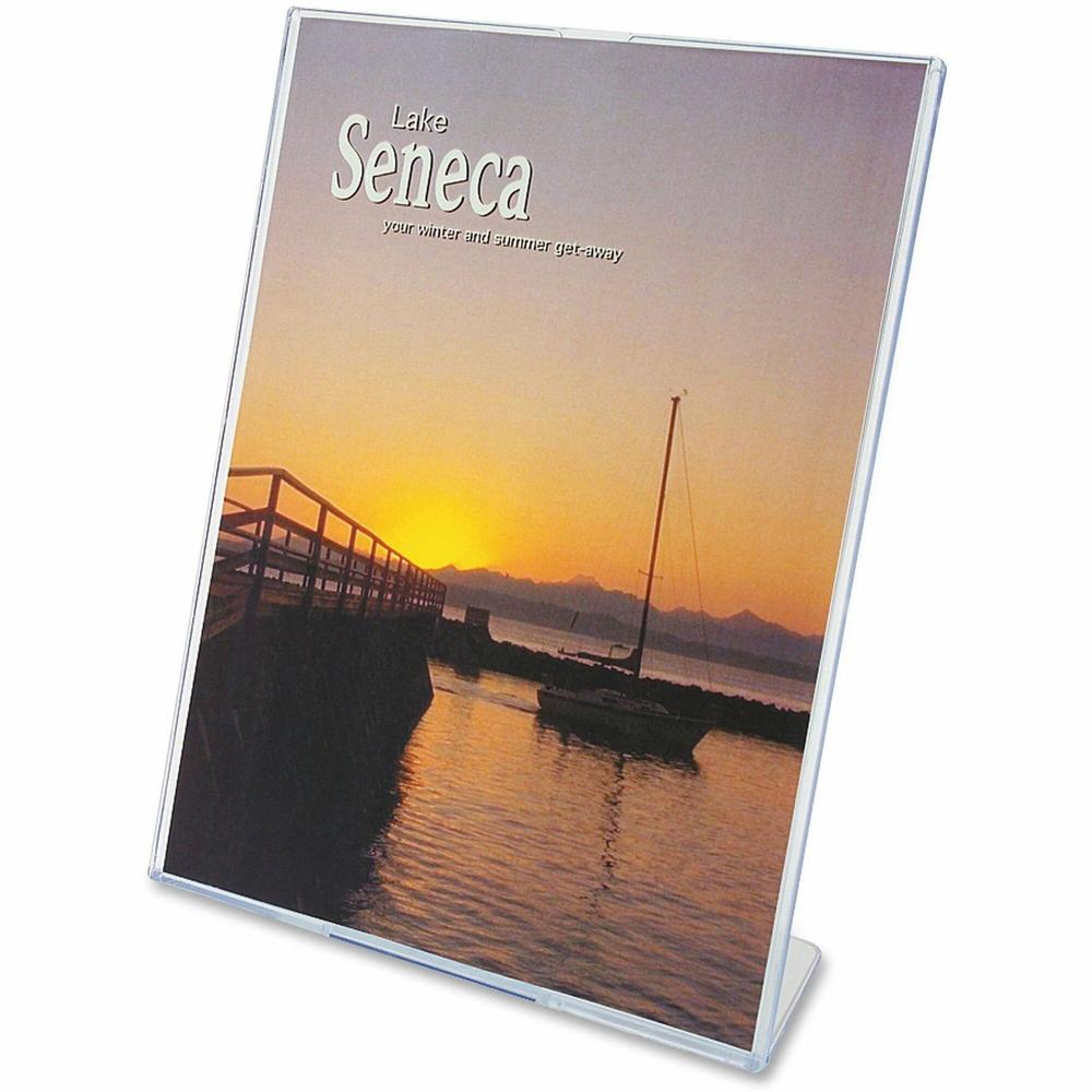 Deflecto Superior Image Slanted Sign Holders - 12 / Carton - 8.5" Width x 11" Height x 3.5" Depth - L-shaped Shape - Top Loading, Durable - Polystyrene - Clear. Picture 1