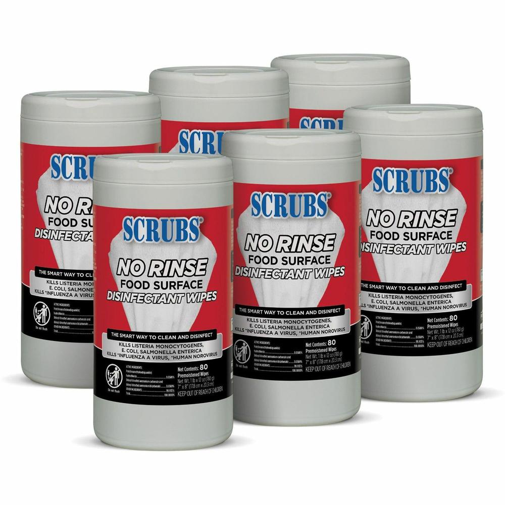 SCRUBS No Rinse Food Surface Disinfectant Wipes - Ready-To-Use - 80 / Can - 6 / Carton - Rinse-free - Red. Picture 1